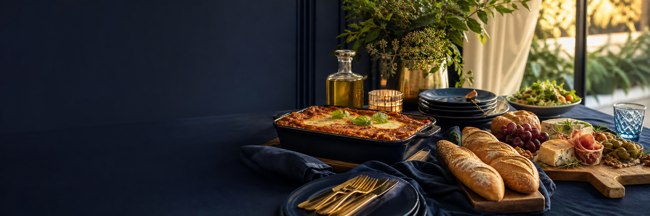 Mesa de catering con lasagna, baguettes y charola gourmet