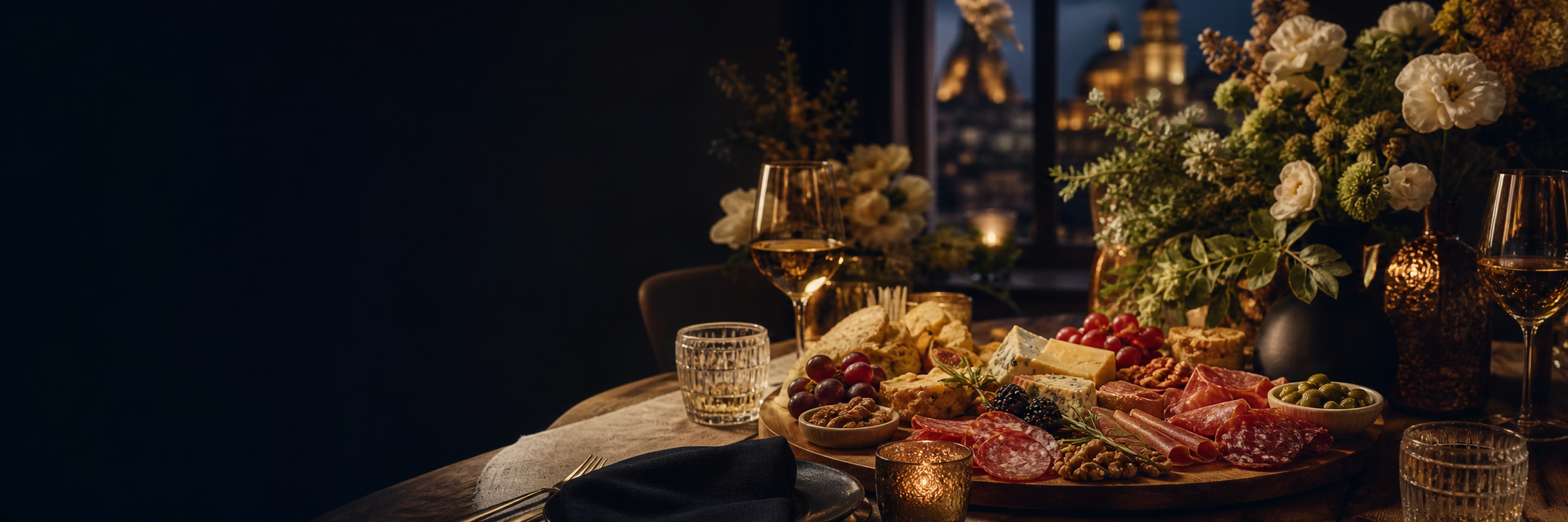 Mesa elegante con charcutería, flores y cristalería