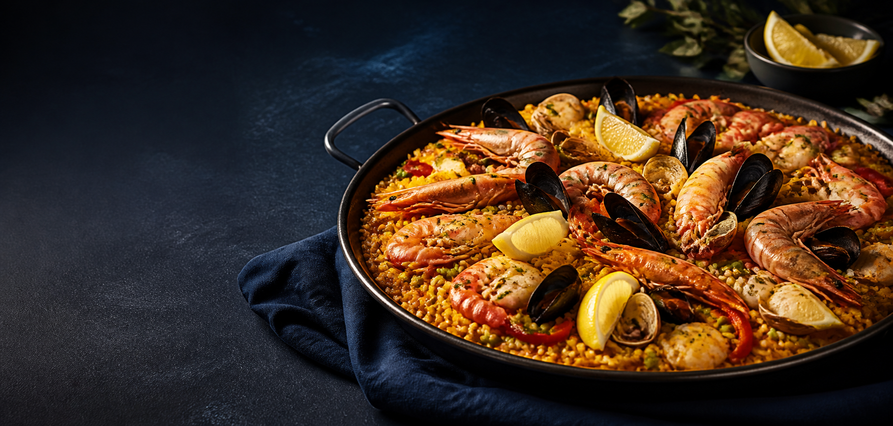 Paella de mariscos presentada sobre una mesa azul marino