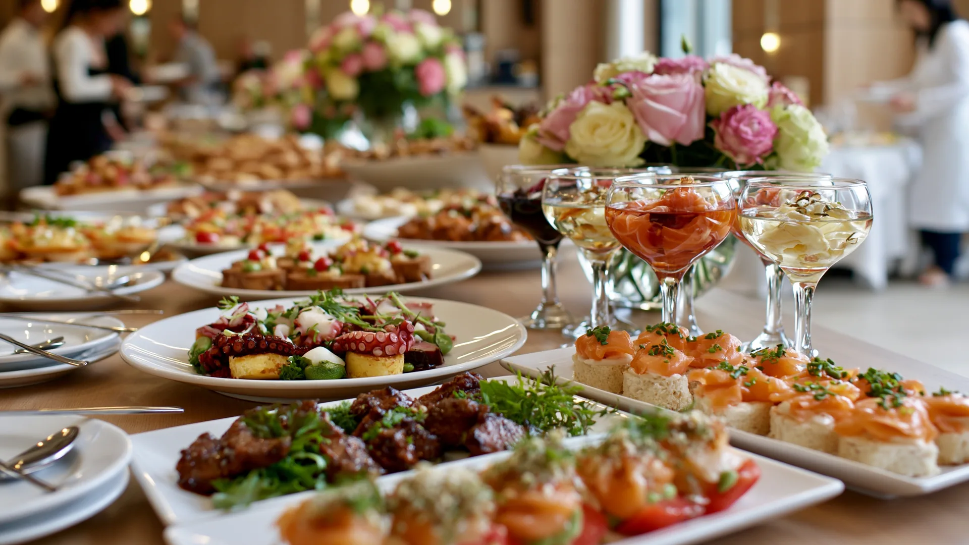 Mesa elegante con platillos de catering
