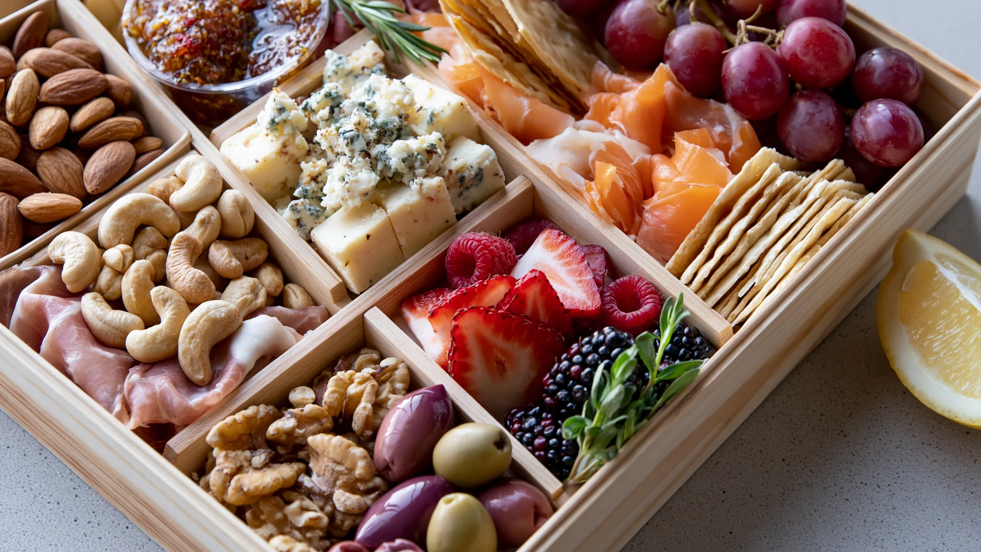 Caja gourmet de carnes frías, quesos y fruta