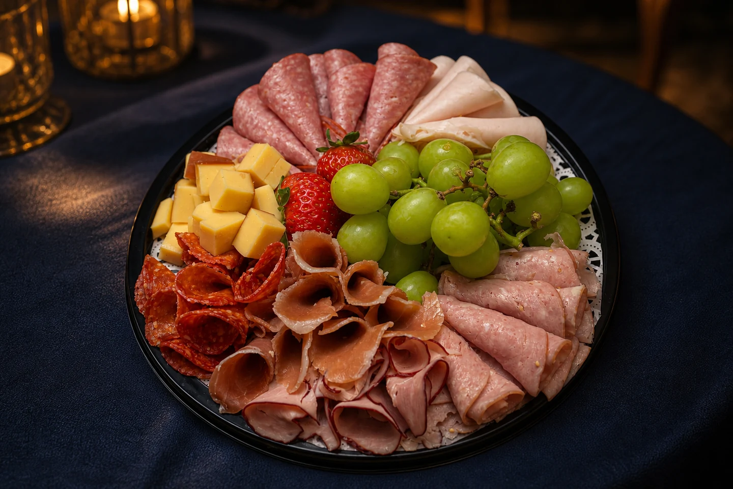 Charola gourmet de carnes, quesos y fruta