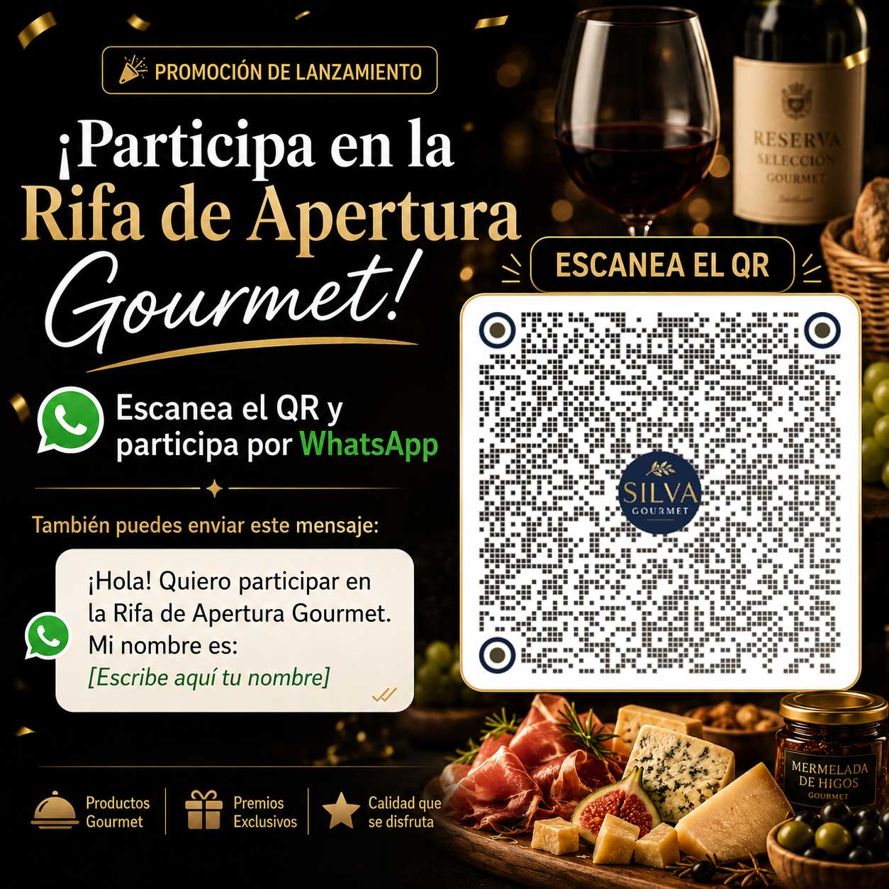 Promoción de lanzamiento: participa en la Rifa de Apertura Gourmet. Escanea el QR o escríbenos por WhatsApp para participar.